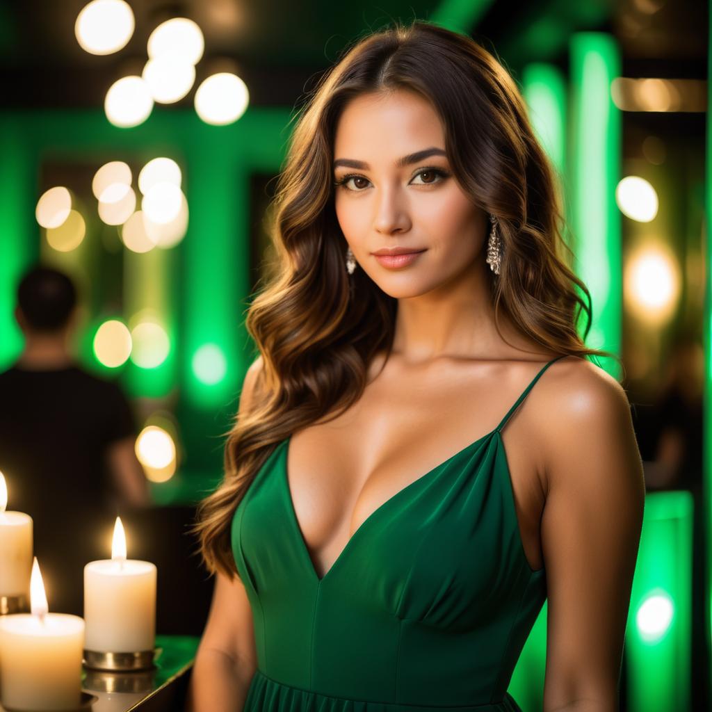 Elegant Woman in Green Evening Dress with Candlelight Ambiance