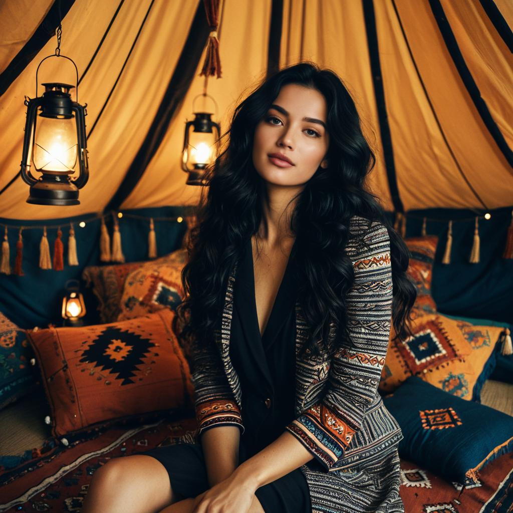 Bohemian Woman in Ethnic Tent with Warm Lantern Lighting