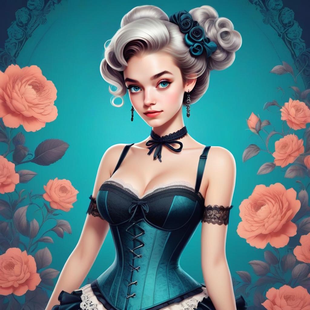 Stylized Digital Portrait of Woman in Teal Corset