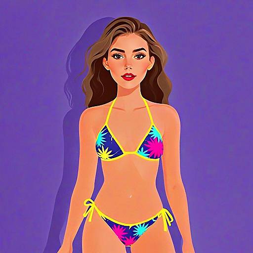 Woman in Colorful Micro Bikini Halter Neck with Pretty Face and Hair Illustration