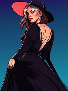 Stylish Woman in Black Gown and Hat