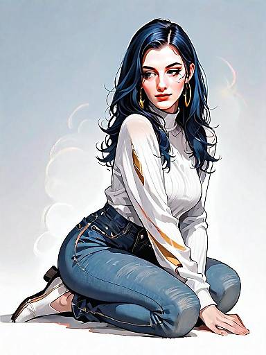 Realistic Digital Illustration of Woman in Casual Outfit Kneeling