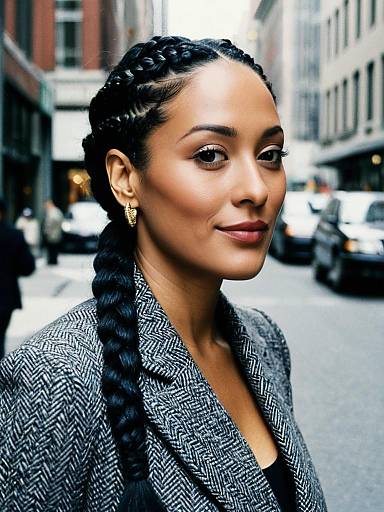 Woman with Tracee Ellis Ross Braided Hairstyle in Candid Urban Fashion Portrait
