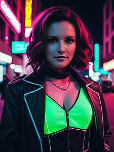 Woman in Neon Green Outfit with Leather Jacket on Vibrant Night City Street