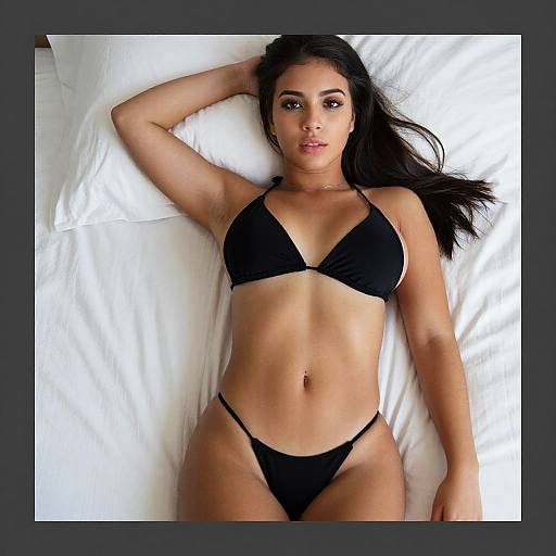 Young Woman in Black Bikini Lying on Bed in Relaxed Pose