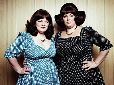 Plus Size Women in 70s Polka Dot Fancy Dress Vintage Style