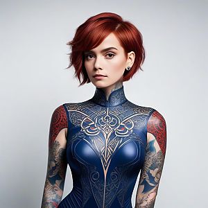 Confident woman with red hair in futuristic bodysuit