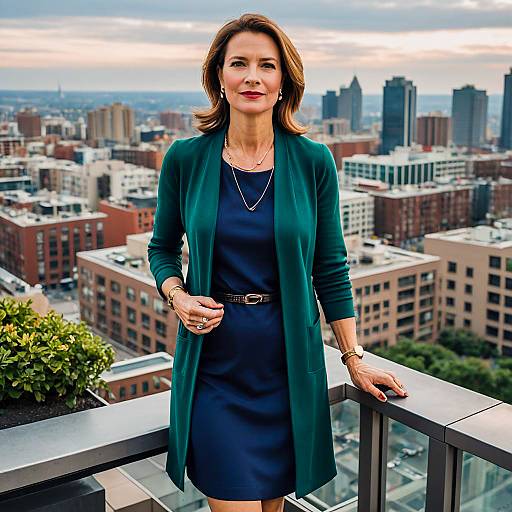 Confident Professional Woman on Urban Rooftop at Sunset