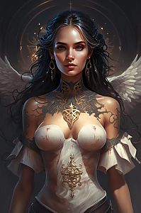 Fantasy Digital Art of Angelic Woman with Golden Tattoos and White Corset