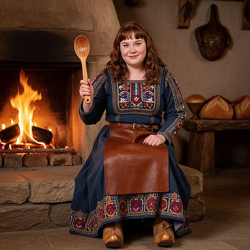 Traditional Folk Woman Holding Wooden Spoon by Fireplace
