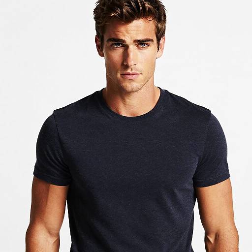 Young Man Wearing Navy Blue T-Shirt in Casual Modern Style