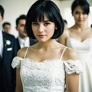 Young Woman in Off-Shoulder Lace Wedding Dress