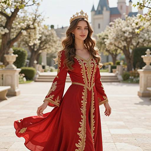 Woman in Regal Red and Gold Embroidered Gown Wearing Crown Outdoors