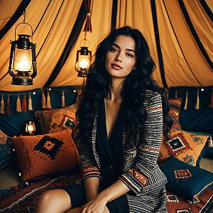 Bohemian Woman in Ethnic Tent with Warm Lantern Lighting