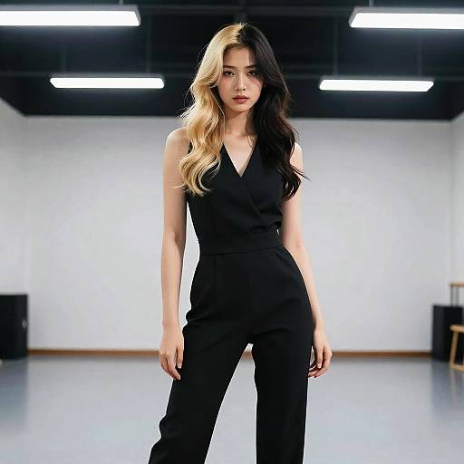 Stylish Gen Z Woman with Two-Tone Hair in Black Jumpsuit