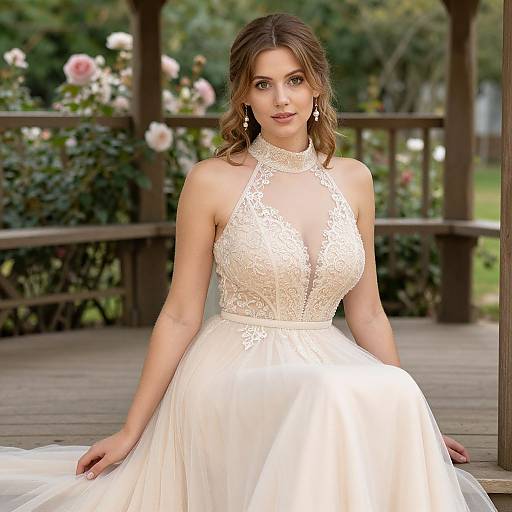 Elegant Ivory Lace Wedding Dress with High Neckline in Outdoor Garden
