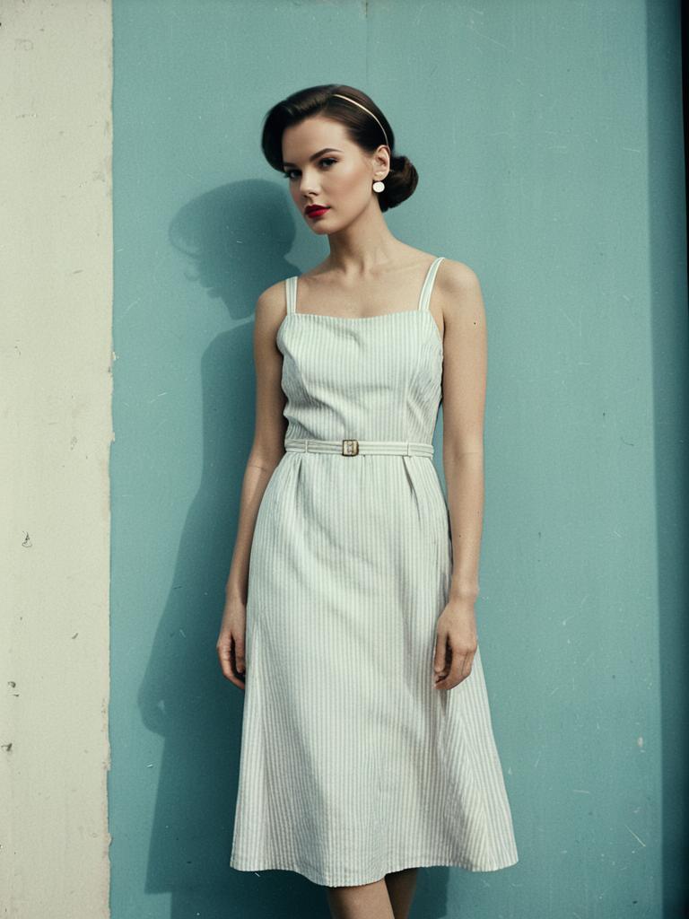 Woman in Minimalist Sleeveless Vertical Stripe Midi Dress