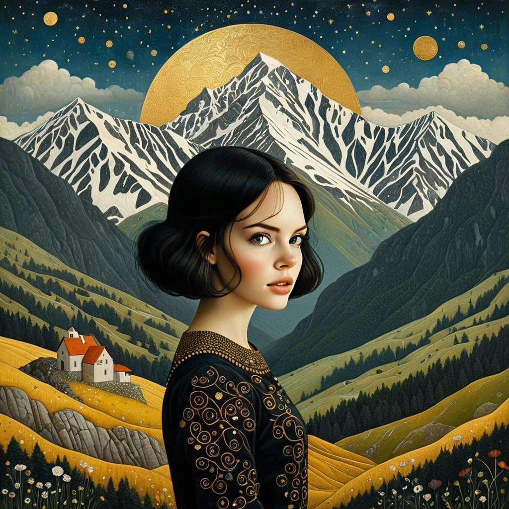 Portrait of Woman Against Golden Mountain Landscape Digital Artwork