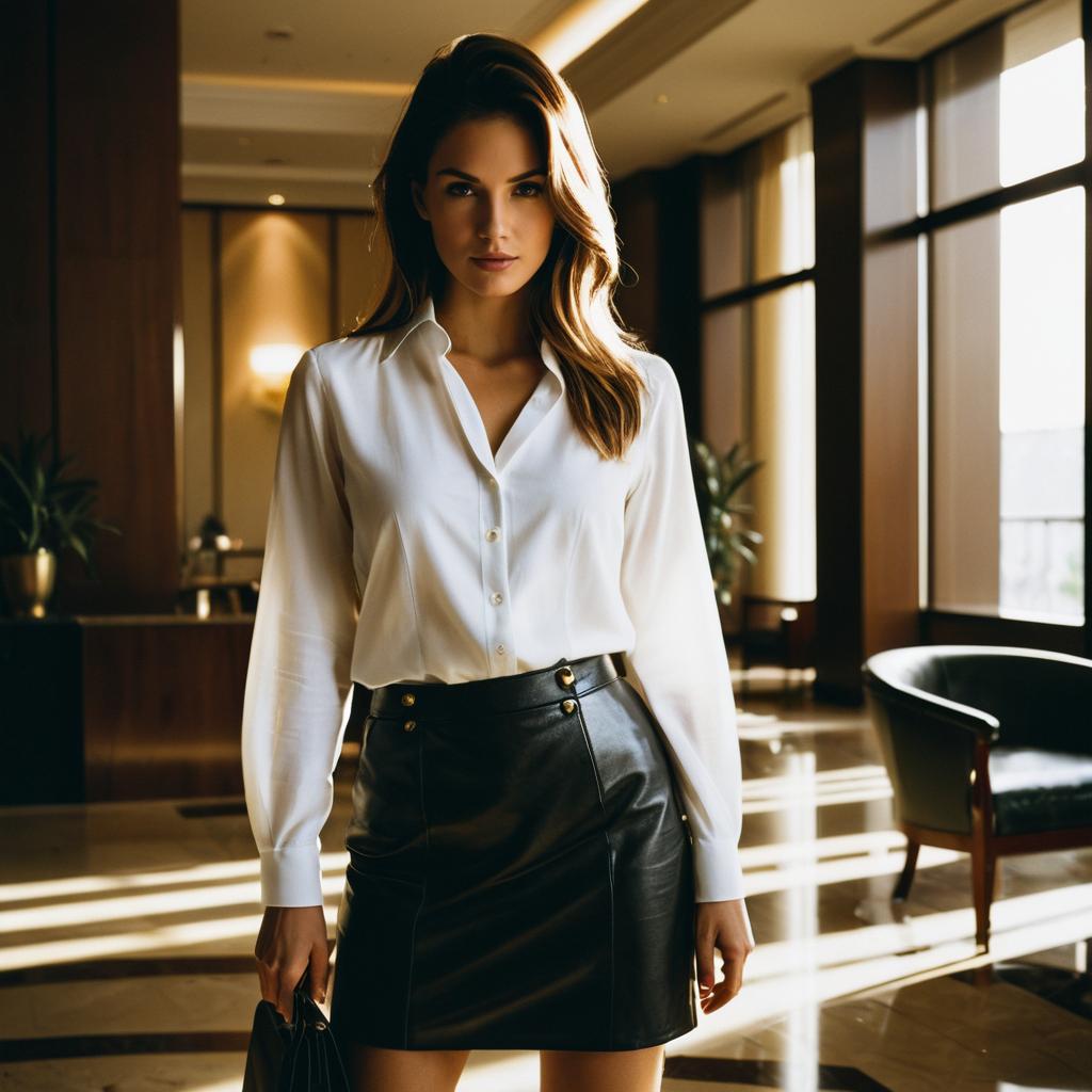Confident Woman in White Blouse and Black Leather Skirt in Modern Interior