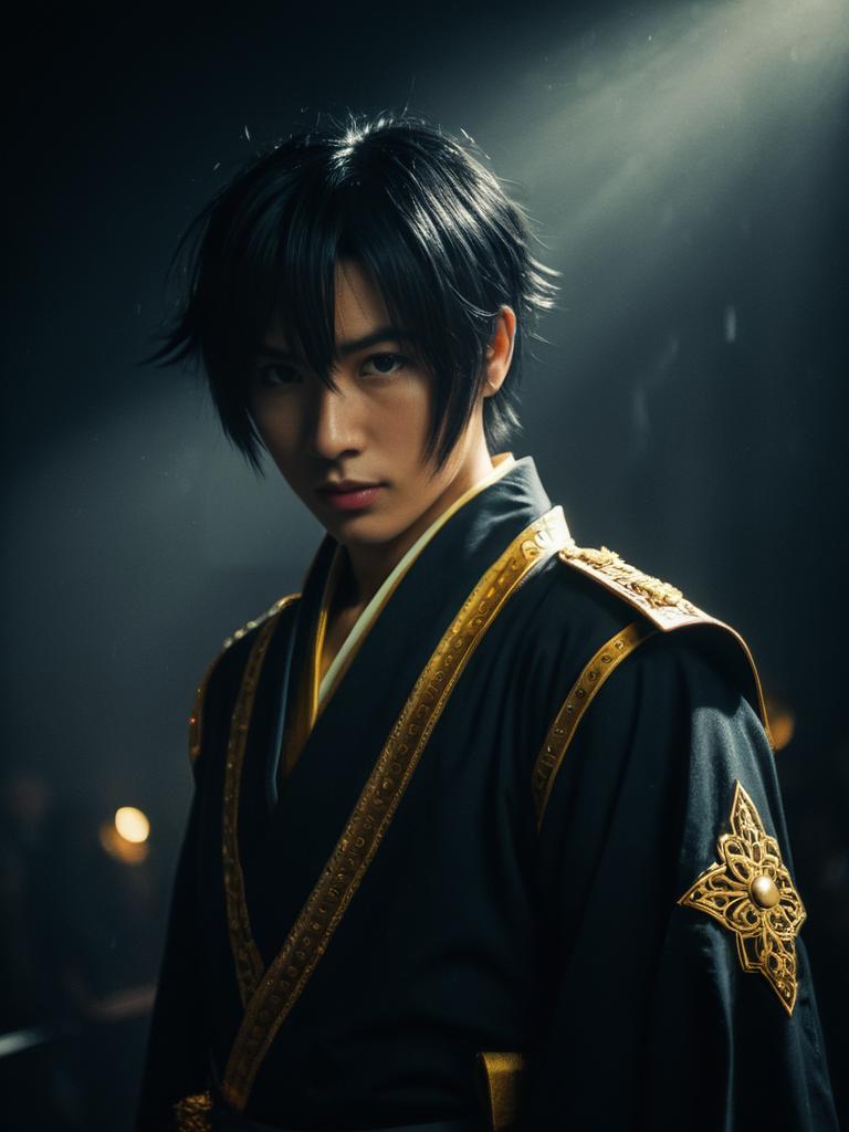 Man Cosplay Wearing Nagi Kengamine Costume with Gold Embroidery