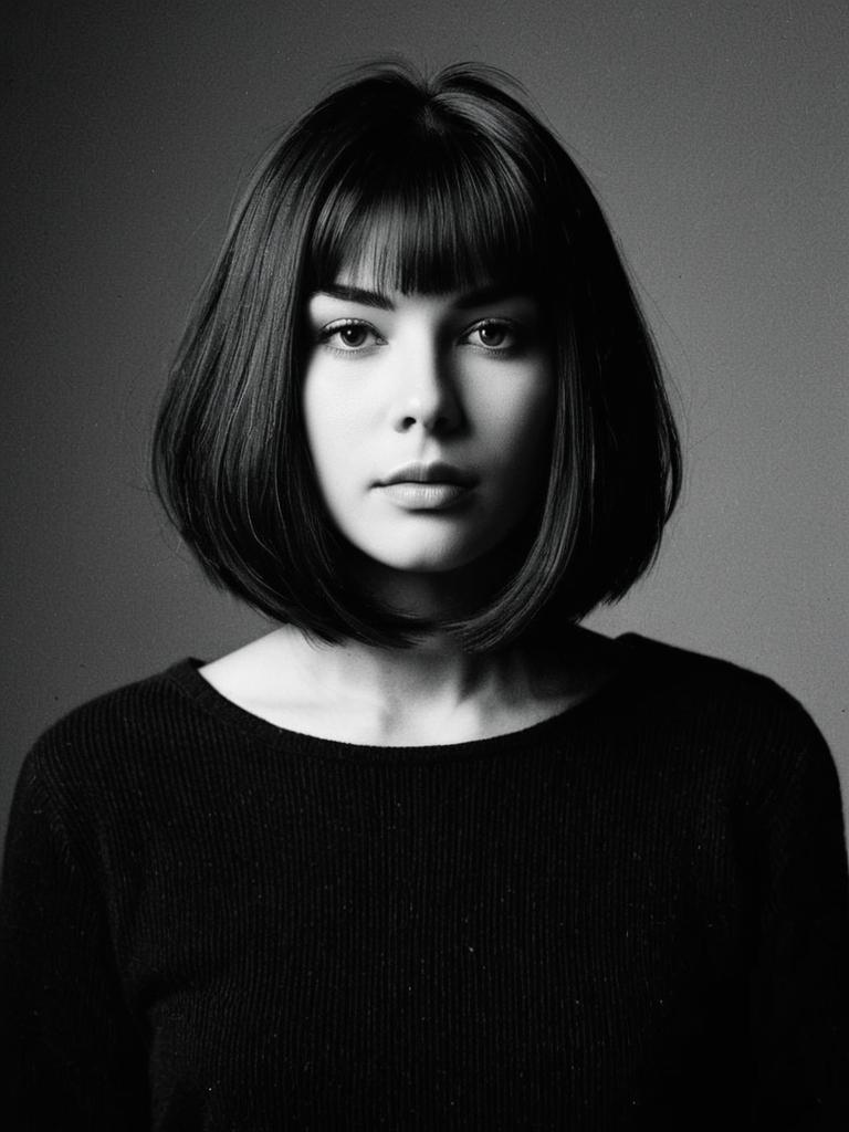 Dramatic Studio Portrait of Woman with Long Bob Hairstyle and Bangs