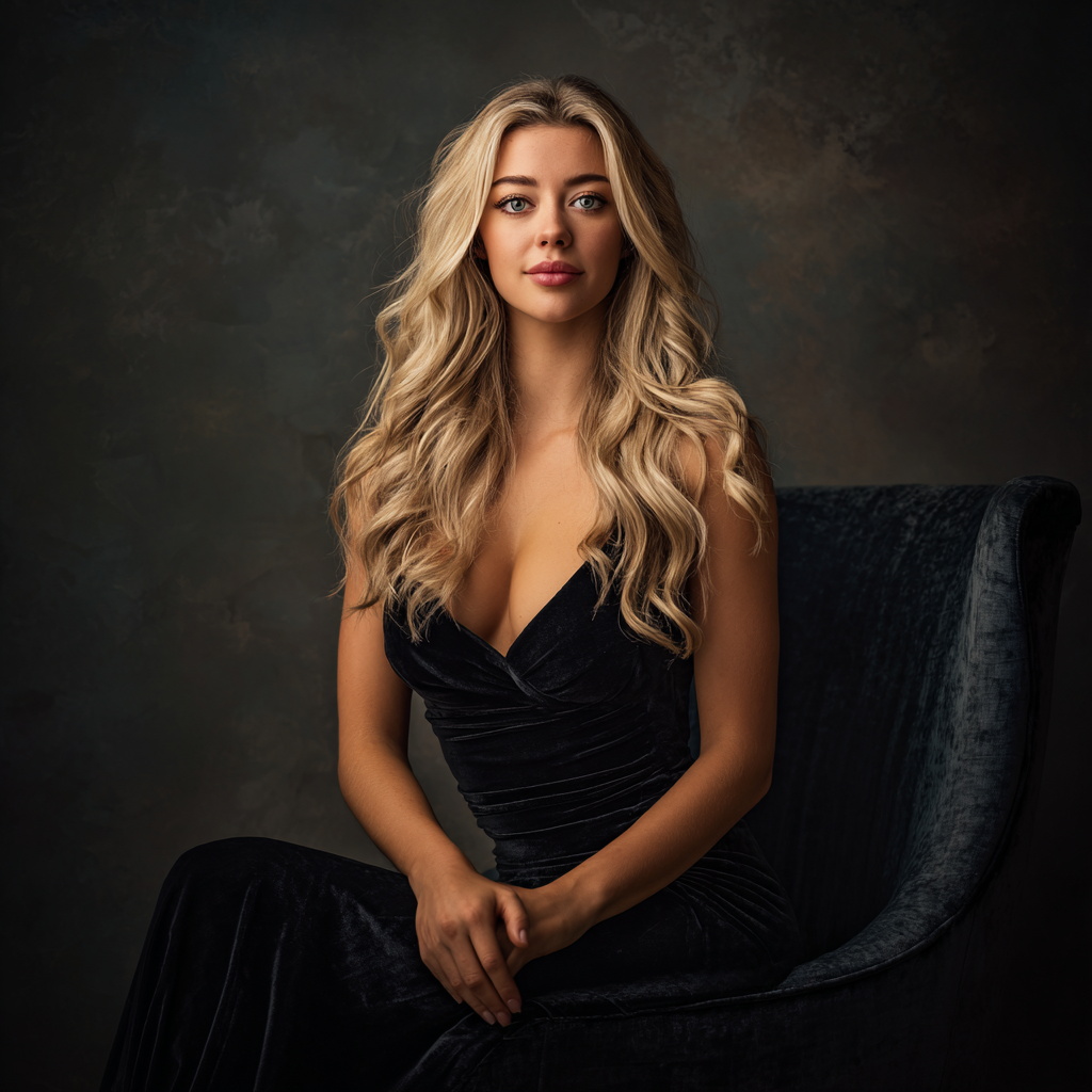 Glamorous Woman in Black Dress on Velvet Chair Glamorous Woman in Black Dress on Velvet Chair