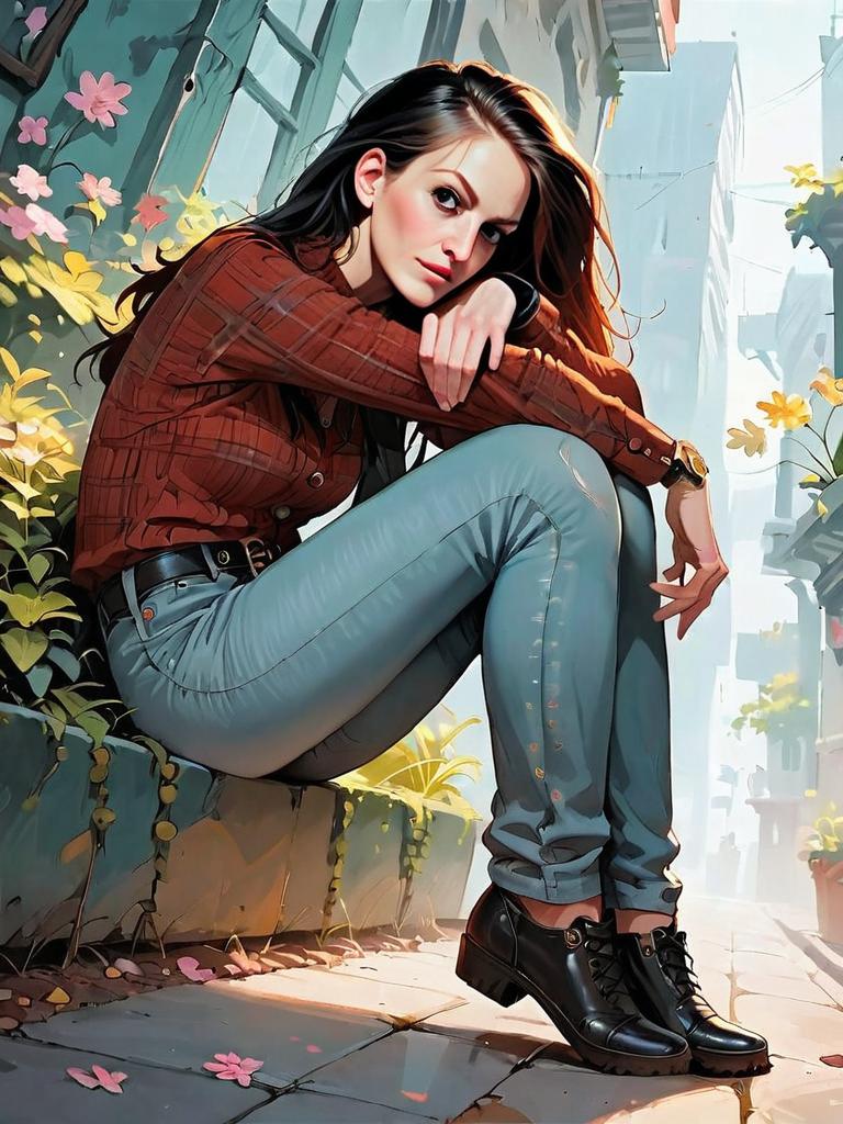 Realistic Comic Style Portrait of Casual Woman Sitting Outdoors