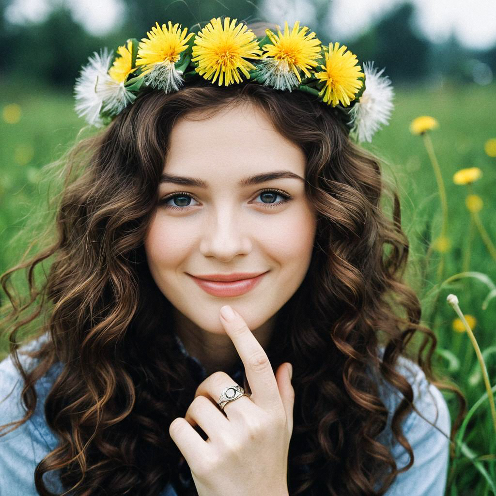Young Woman with Flower Crown in Green Field