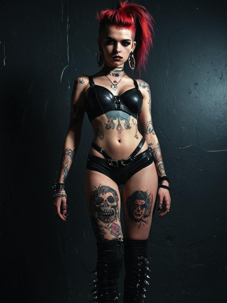 Punk Rock Woman with Red Hair and Leather Lingerie Tattooed Body