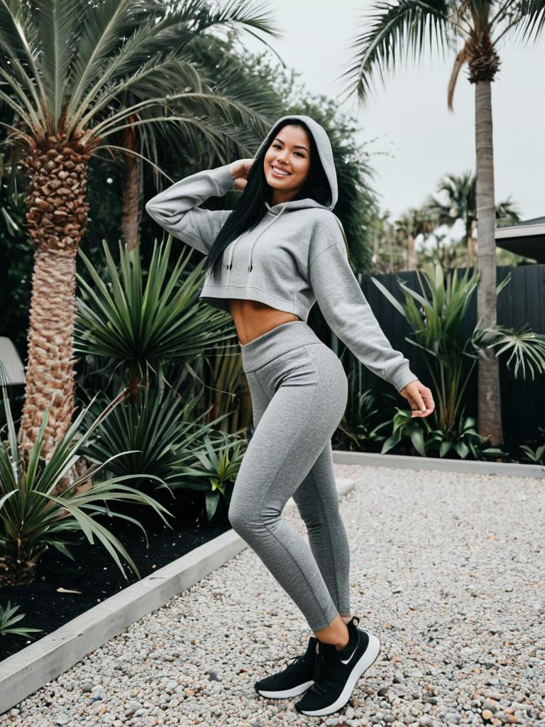 Young Woman in Gray Athleisure Outfit Posing Outdoors with Tropical Plants