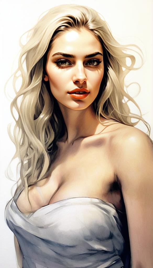 Digital Portrait of Blonde Woman in White Strapless Dress