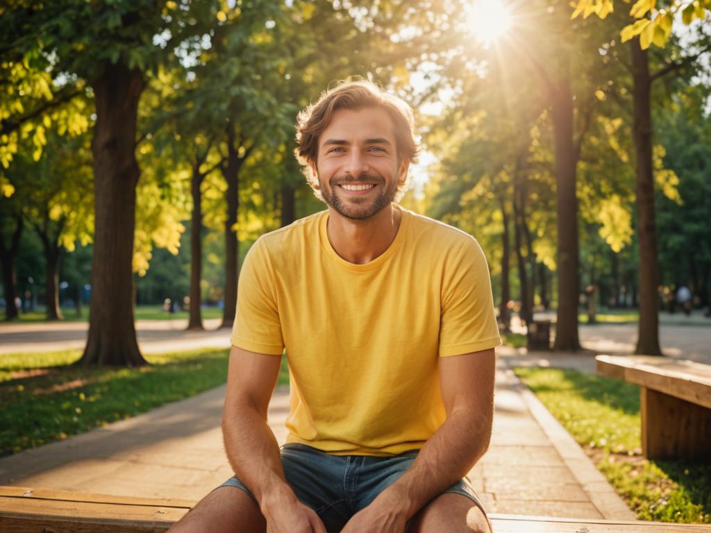 Happy Man on Park Bench in Sunlight