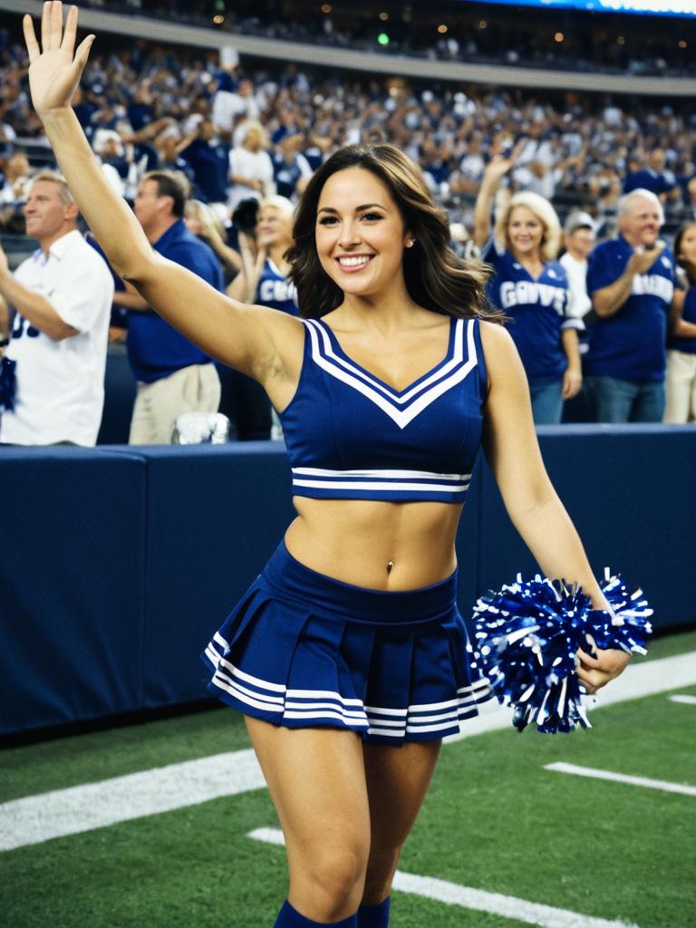 Smiling Cheerleader with Pom-Poms at Stadium