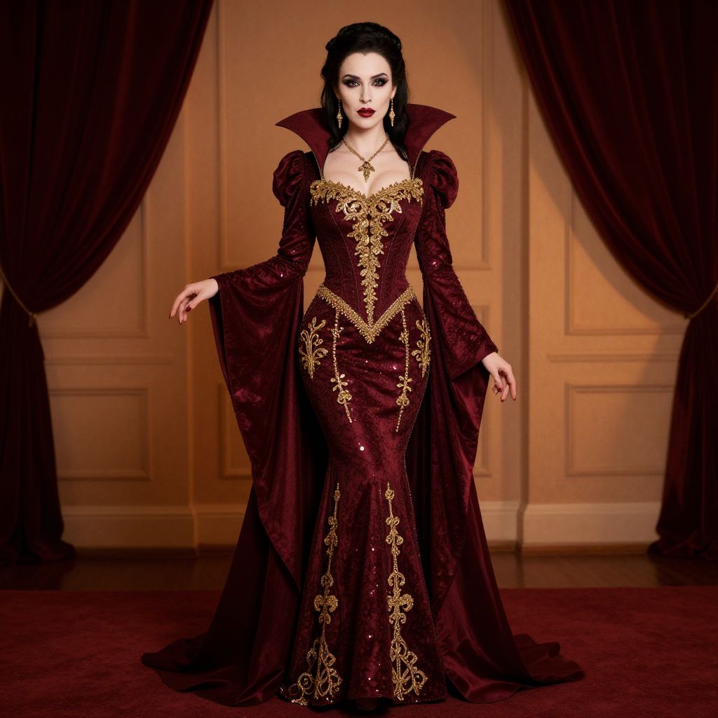 Elegant Victorian Gothic Burgundy Gown with Gold Embroidery