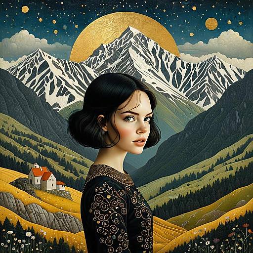 Portrait of Woman Against Golden Mountain Landscape Digital Artwork