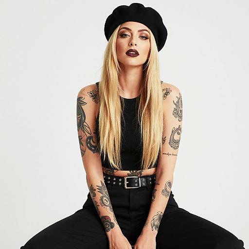 Edgy Tattooed Woman in Black Beret and Crop Top Sitting Pose