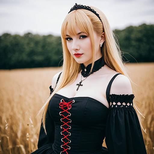 Gothic Blonde Woman in Black Dress with Red Lacing in Wheat Field