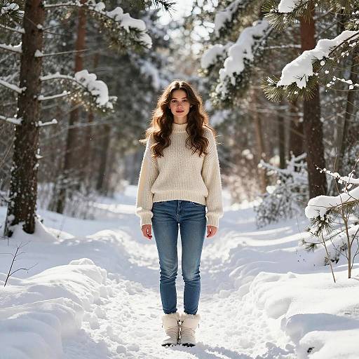 Young Woman in Cozy Winter Outfit Standing on Snowy Forest Path