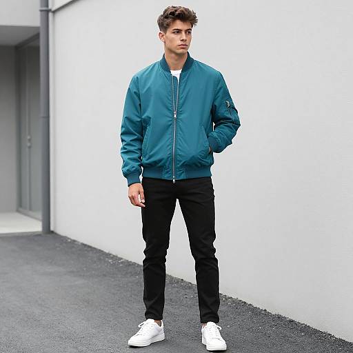 Young Man Wearing Teal Bomber Jacket and Black Pants in Urban Setting