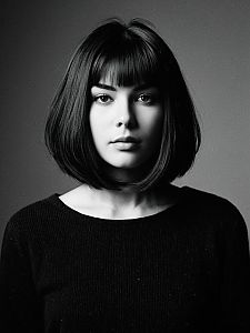 Dramatic Studio Portrait of Woman with Long Bob Hairstyle and Bangs