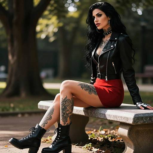 Edgy Woman in Leather Jacket and Red Skirt Sitting on Park Bench with Tattoos