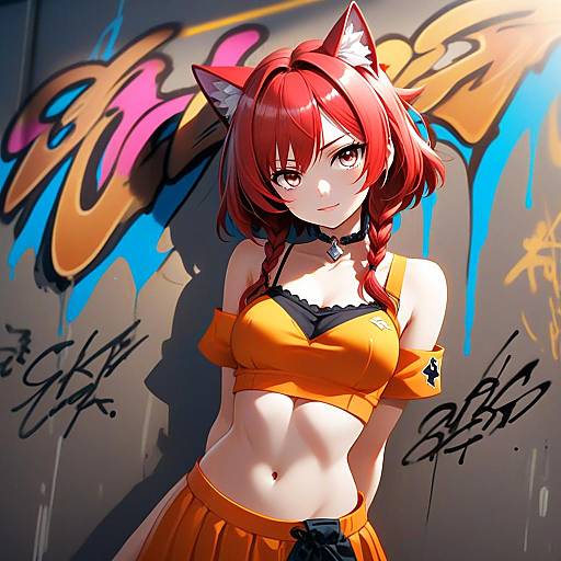 Anime Girl with Cat Ears in Orange Outfit Against Graffiti Wall