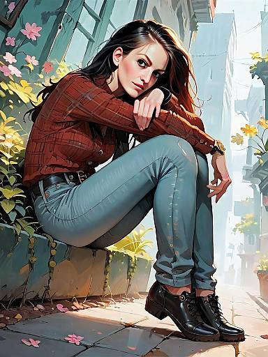 Realistic Comic Style Portrait of Casual Woman Sitting Outdoors
