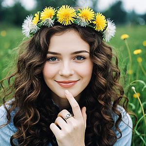 Young Woman with Flower Crown in Green Field