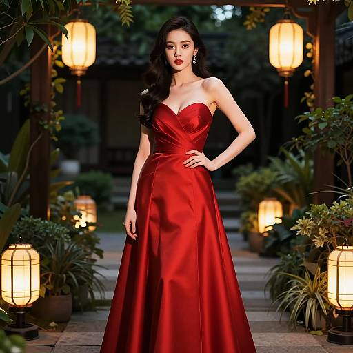 Elegant Woman in Red Satin Strapless Gown with Evening Lantern Ambiance
