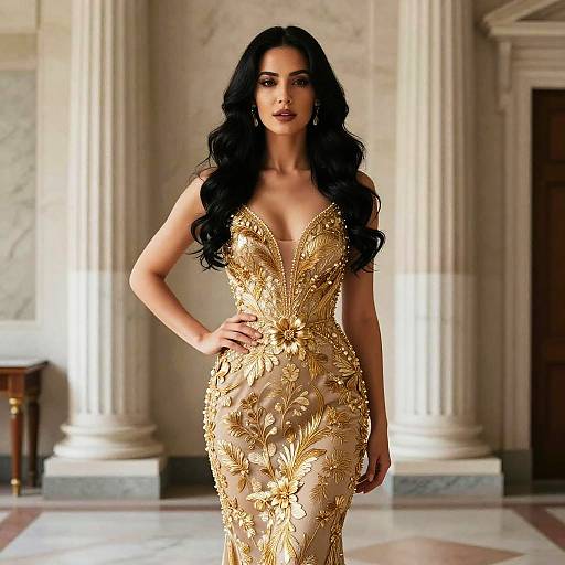 Elegant Woman Wearing Gold Embroidered Evening Gown in Luxurious Interior