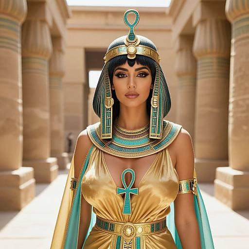 Ancient Egyptian Queen Woman in Regal Gold Costume