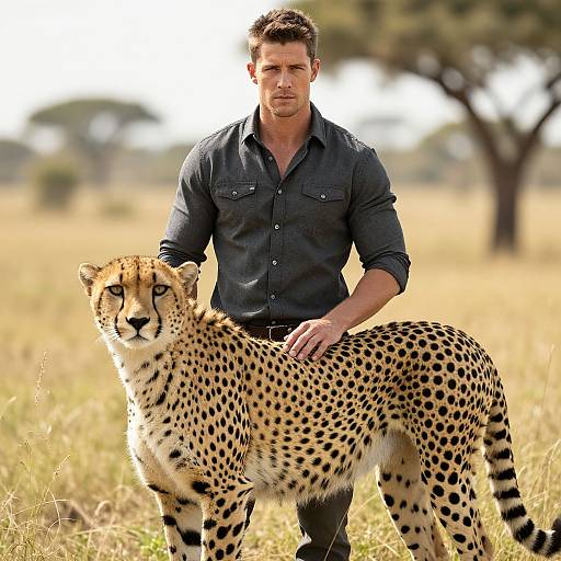 Man with Cheetah in Savanna Nature Wildlife Portrait