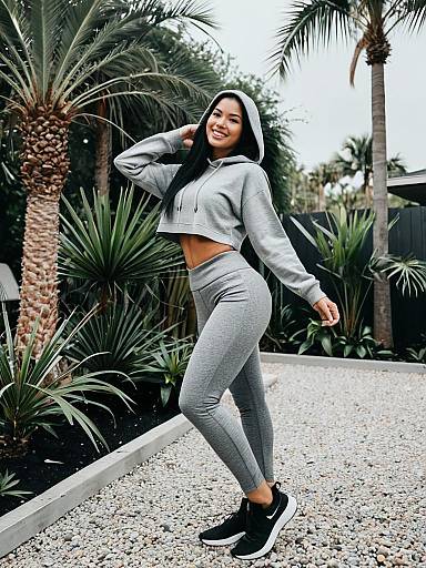 Young Woman in Gray Athleisure Outfit Posing Outdoors with Tropical Plants