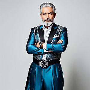 Distinguished Man in Teal Satin Suit